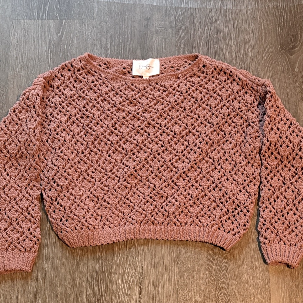 Jessica Simpson Cropped Crochet Knit Sweater - Blush